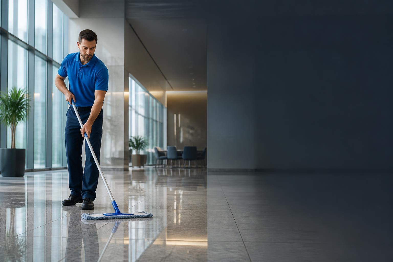 G&J Cleaning Services technician mopping a modern office lobby floor in National City, CA